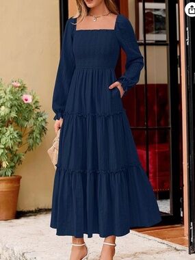 NEW! Pretty Garden Navy Blue Long Sleeve Square Neck Tiered Dress Size XS NWT!